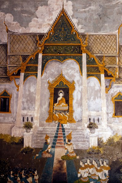 Affresco che raffigura una scena della vita del Buddha nel Wat Phra Doi Suthep, Chiang Mai, Thailandia da Unknown